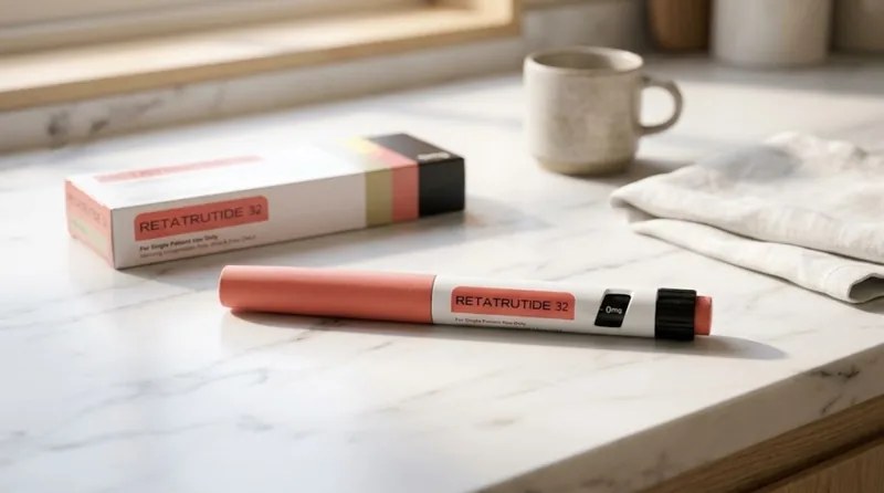 The Body Pharm Retatrutide pen on a marble counter